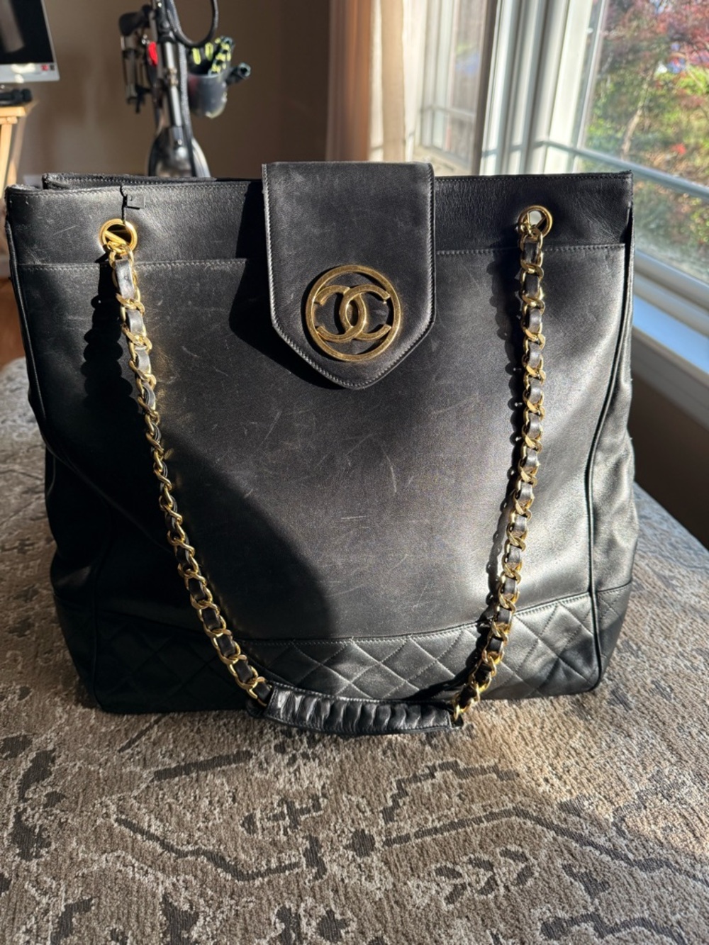 Vintage Chanel Black Leather Chain-Handle Tote